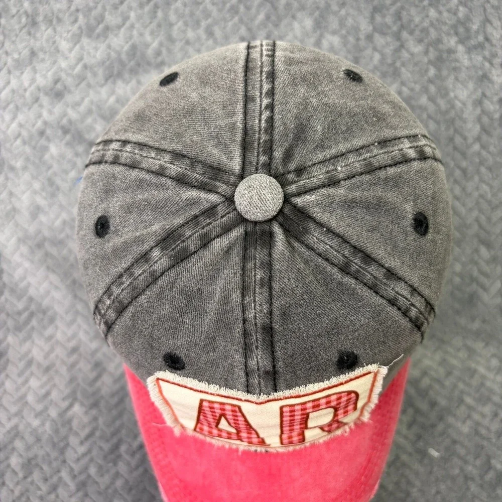 Southern Junkie Arkansas AR Hat Distressed Grey Pink Gingham Patch Baseball Cap